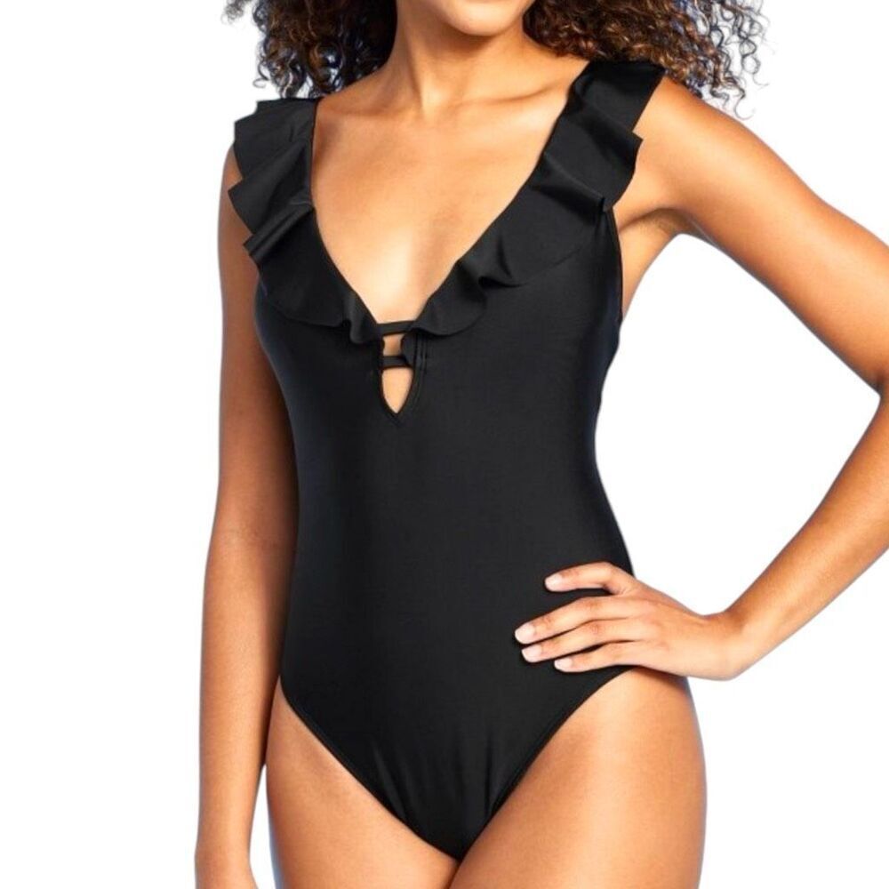 NEW Shade & Shore Ruffle Plunge Black One Piece Swimsuit XS